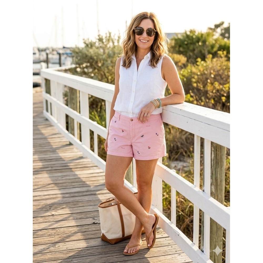 Polo Ralph Lauren Shorts 12 Womens Pink Chino Embroidered Butterfly Floral Logo‎